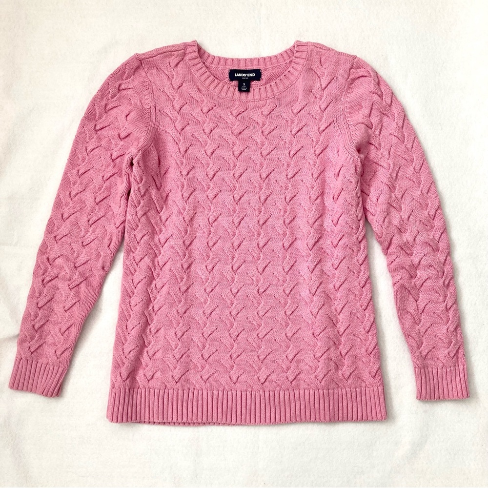 Lands’ End Pink Cotton Cable Drifter Crew Neck Sweater